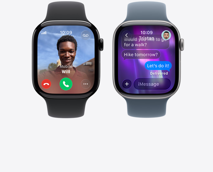 Front view of two Apple Watch Series 10 showing a call and a text message.
