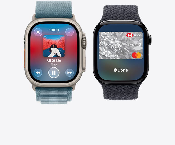 Front view of an Apple Watch Ultra 2 and Apple Watch Series 10 showing music playing.
