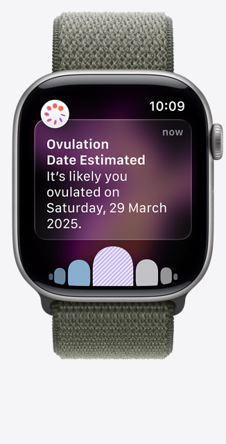Front view of the Cycle Tracking app on Apple Watch Series 10 indicating Sleep Changes.