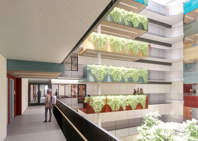 Un render de The Kelsey en San Francisco como se vería desde uno de los balcones del patio.