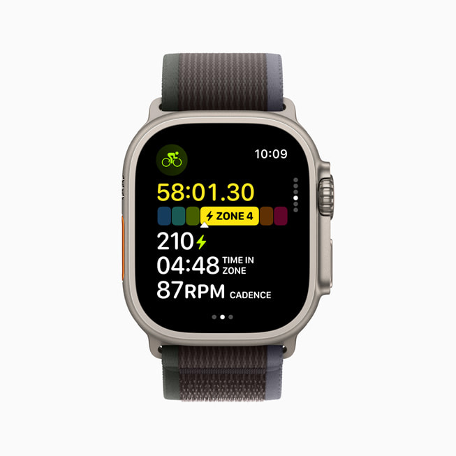 Apple Watch Ultra 2’de bir bisiklet?inin antrenman istatistikleri g?steriliyor.