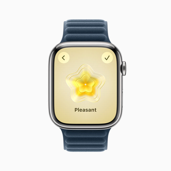 Apple Watch Series 9’da Fark?ndal?k uygulamas?ndaki duygu durumu kayd?nda Keyifli se?imi g?steriliyor.