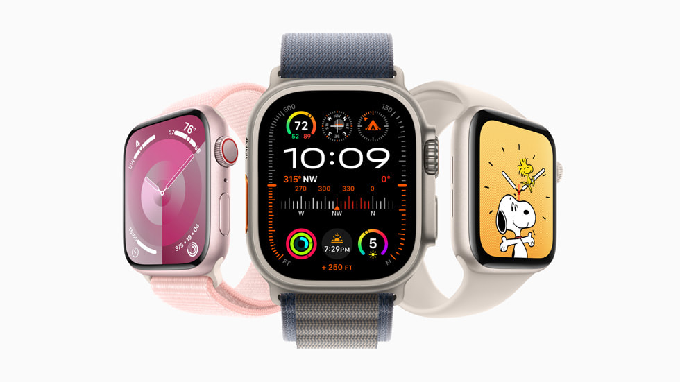 En yeni Apple Watch ailesini temsil eden ü? Apple Watch ayg?t? g?steriliyor.