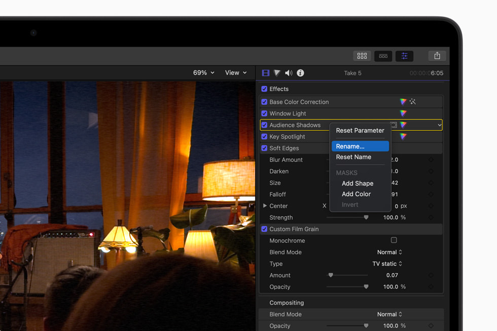 Nombres personalizados en el inspector de Final Cut Pro para el Mac?10.8 en un MacBook Pro de 16?pulgadas en negro espacial.