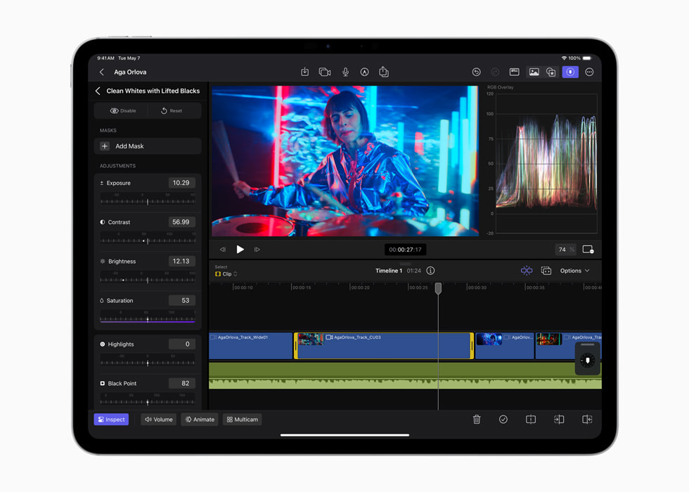 Forh?ndsinnstillinger for fargegradering er vist i Final Cut Pro for iPad?2 p? en 13-tommers iPad?Pro i stellarsvart.