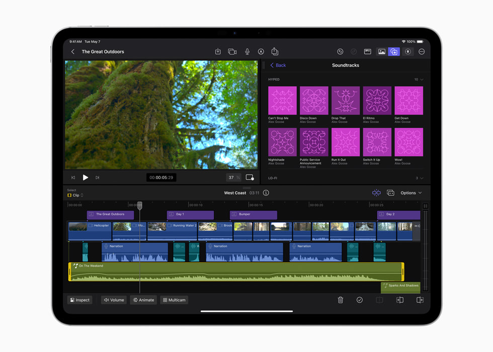 Lydspor er vist i Final Cut Pro for iPad?2 p? en 13-tommers iPad?Pro i stellarsvart.