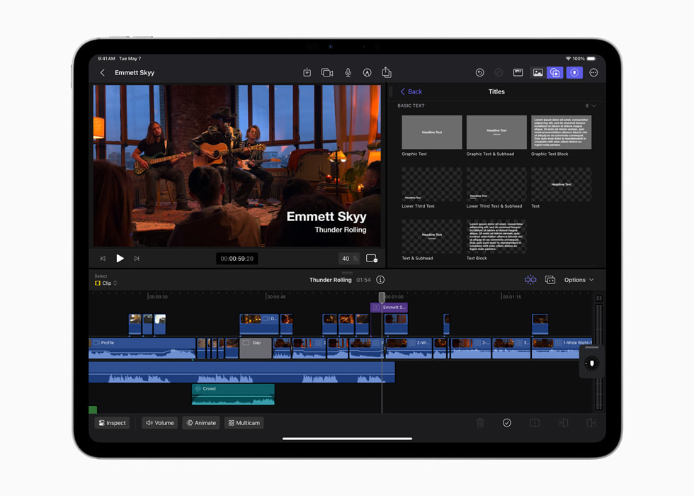 Enkle tekststiler er vist i Final Cut Pro for iPad?2 p? en 13-tommers iPad?Pro i stellarsvart.