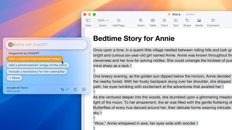 Using the Compose tool in Pages, a user accesses ChatGPT image tools to generate an image. The menu shows a range of styles suggested by ChatGPT: “Add a magical impressionist image,” “Add a photorealistic image of the story,” and “Include a backstory for the caterpillar.”