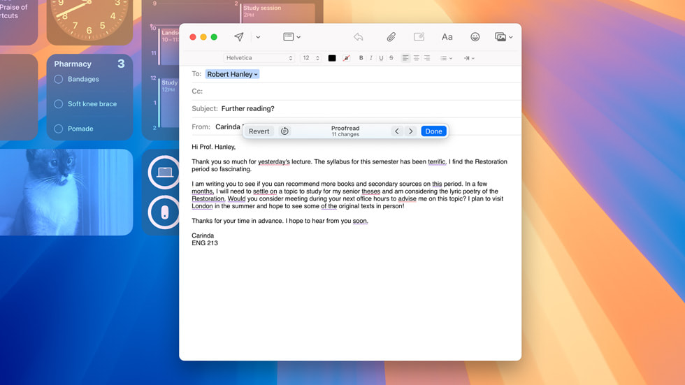 The Apple Intelligence-powered Proofread tool is shown on a user’s MacBook Pro.