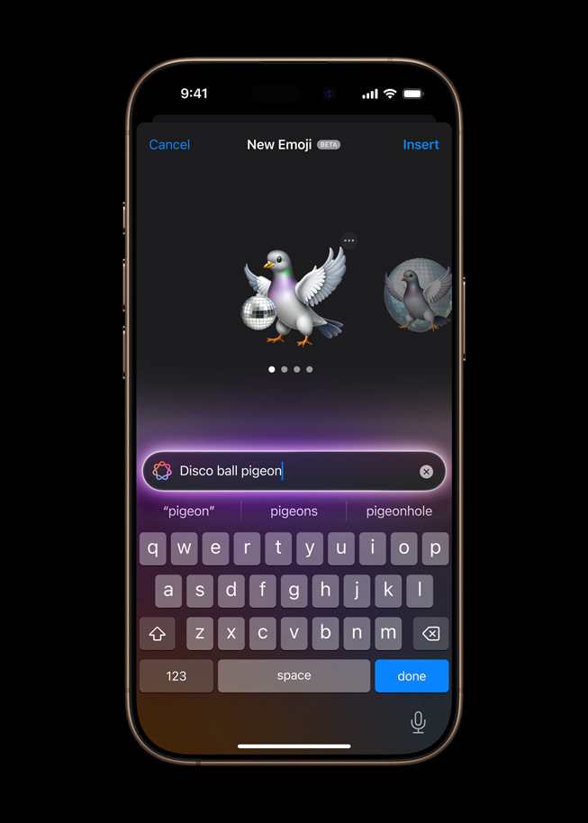 Bir kullan?c?, iPhone 16 Pro’da e?siz bir güvercin ?eklinde disko topu Genmoji’si olu?turuyor.