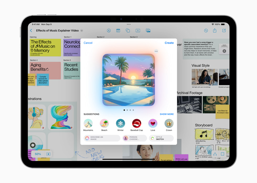 iPad Pro 11’de gün bat?m? illüstrasyonunun yer ald??? bir Image Playground ekran? g?steriliyor.
