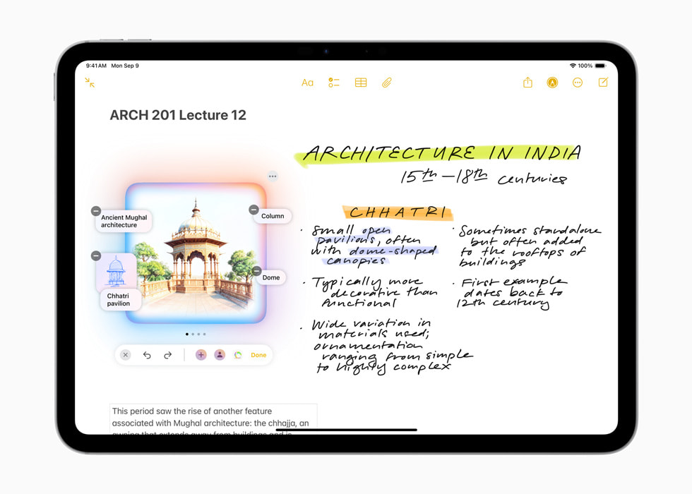 iPad Pro 11’de bir Image Wand ekran?nda, Hindistan mimarisi hakk?nda yaz?lm?? notlar?n yan?nda bir k??k g?rseli g?steriliyor.