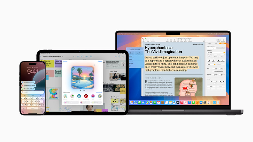 iPhone 16, iPad Pro 11 ve MacBook Pro 14’te Apple Intelligence ekranlar? g?steriliyor.