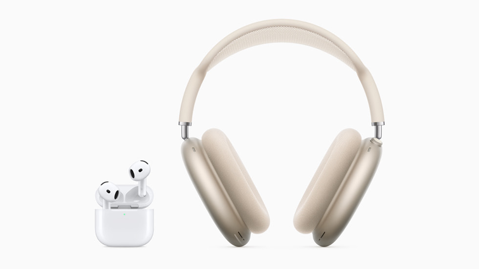 AirPods 4 dan AirPods Max dalam warna starlight ditampilkan.