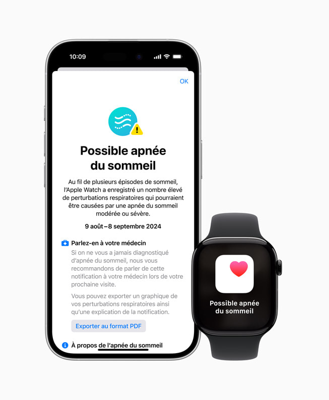 iPhone 16 Pro et Apple Watch Series 10 affichant la mention ? Possible apnée du sommeil ? dans l’app Santé, avec plus de détails sur iPhone 16 Pro.