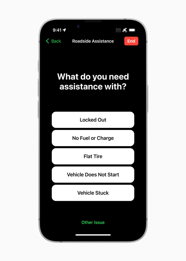 Roadside Assistance via satellite displayed on iPhone 16e.