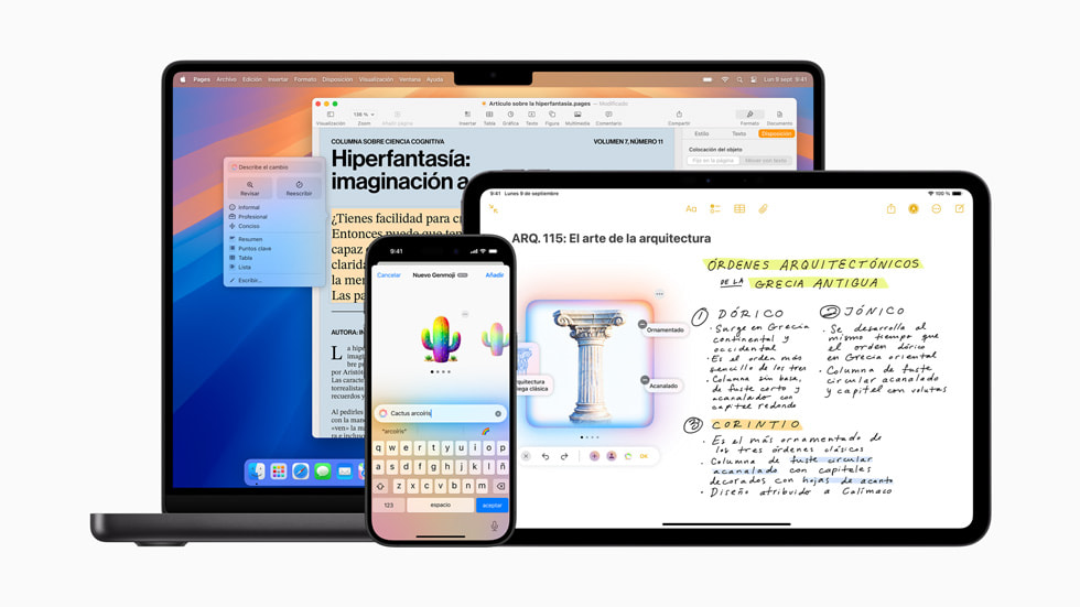 Las prestaciones para Reescribir, crear Genmoji e Image Playground en la pantalla de un MacBook?Pro, un iPhone?16 y un iPad?Pro.