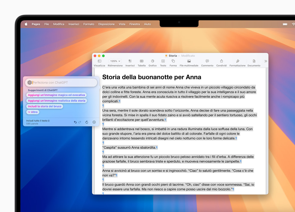Una schermata di macOS Sequoia che mostra gli Strumenti di scrittura con l’integrazione di ChatGPT in Pages.