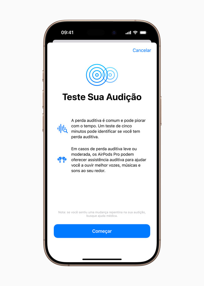 Um iPhone 16 Pro mostra a tela inicial do recurso Teste de Audi??o.