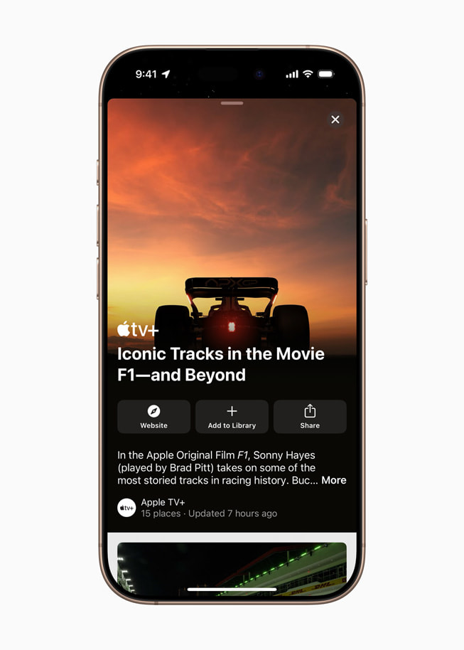 On iPhone 16 Pro, Apple TV+ shows a page titled “Iconic Tracks in the Movie F1—and Beyond.”