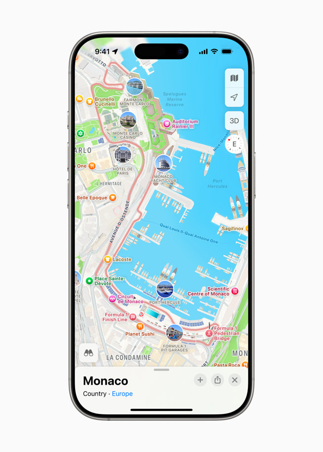 On iPhone 16 Pro, Apple Maps shows an overview of the Grand Prix de Monaco course.
