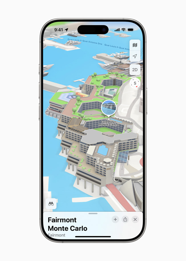 On iPhone 16 Pro, Apple Maps shows a 3D landmark of Fairmont Monte Carlo.