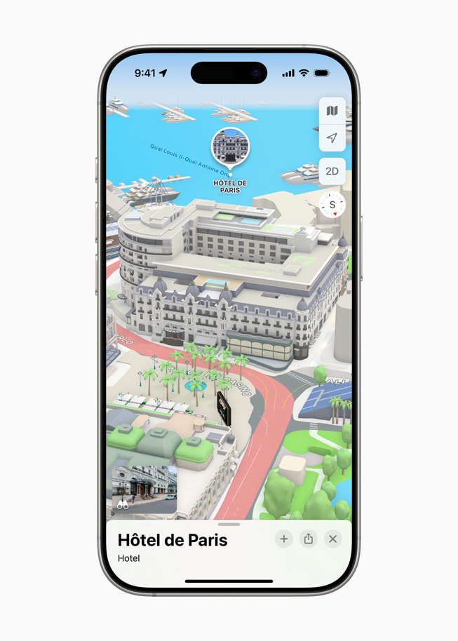 On iPhone 16 Pro, Apple Maps shows a 3D landmark of the H?tel de Paris Monte-Carlo.