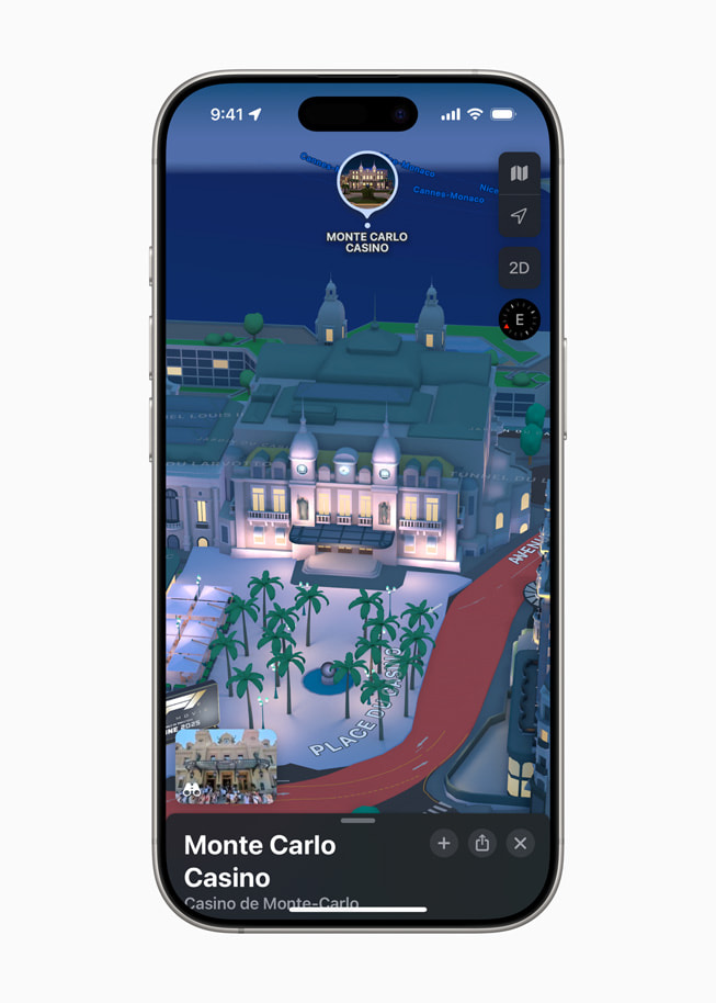 On iPhone 16 Pro, Apple Maps shows a 3D landmark of Casino de Monte-Carlo in Monaco.