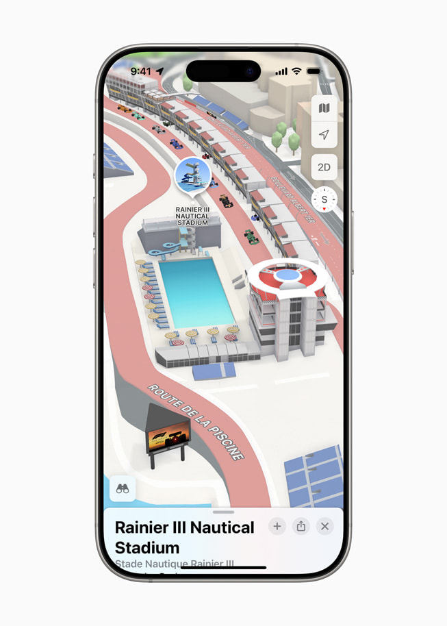 On iPhone 16 Pro, Apple Maps shows the Rainier III Nautical Stadium.