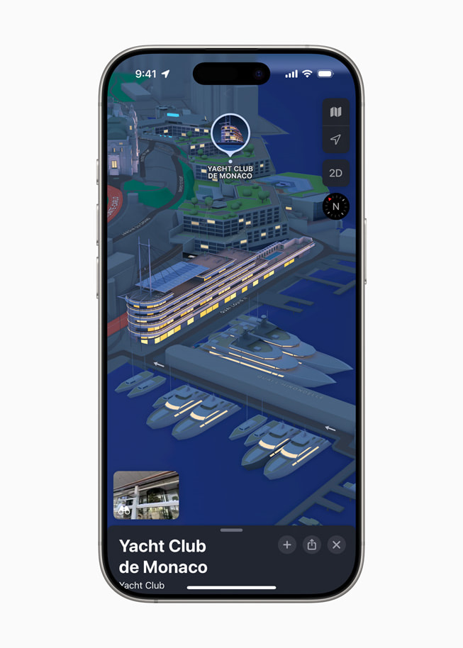 On iPhone 16 Pro, Apple Maps shows a 3D landmark of Yacht Club de Monaco.