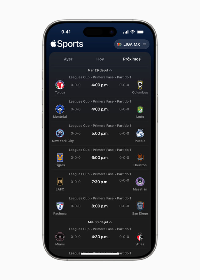 Imagen de la pesta?a Upcoming en la app Apple Sports en un iPhone.