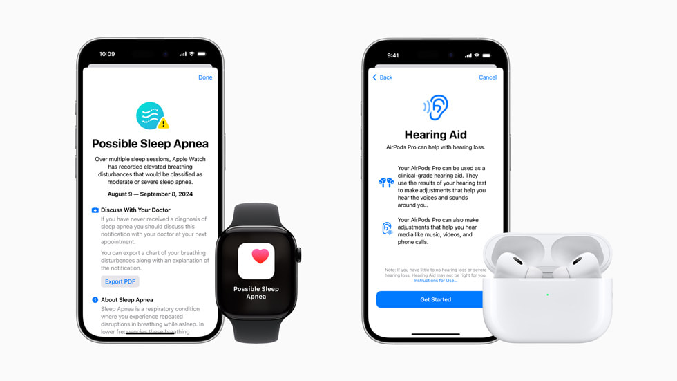 全新睡眠呼吸中止癥與聽力健康功能顯示於兩部 iPhone 16 Pro 裝置、Apple Watch Series 10 和 AirPods Pro 2 上。