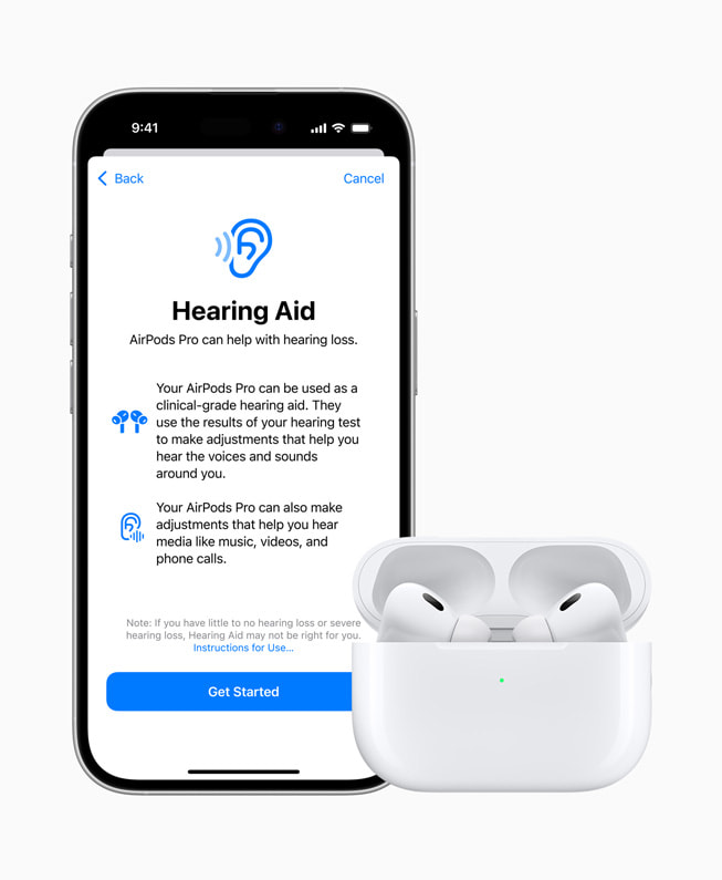 「助聽」功能顯示於搭配 AirPods Pro 的 iPhone 16 Pro 上。