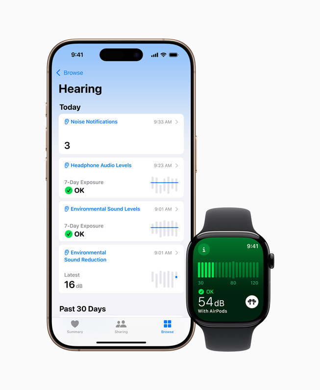 「健康」app 顯示於 iPhone 16 Pro 上，以及 Apple Watch Series 10 上的「噪音」app。