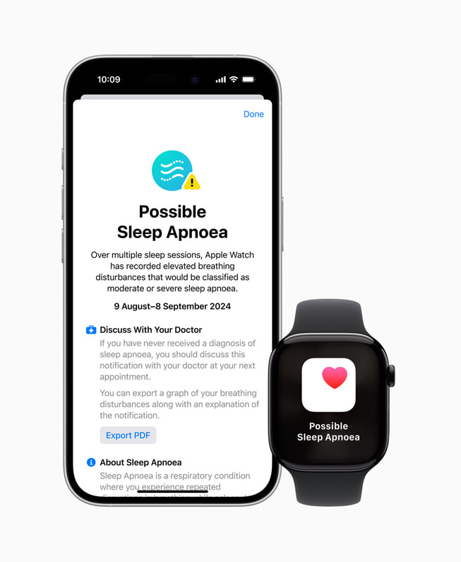 The new sleep apnoea notification feature displayed on Apple?Watch Series?10 and iPhone?16?Pro.