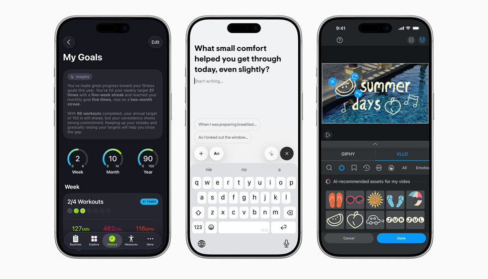 An image of three iPhone bezels displaying three different apps that feature Apple Intelligence-powered experiences.