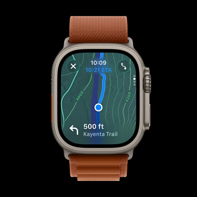 An angled view of Apple Watch Ultra 3 showing a user’s positioning on a trail map.