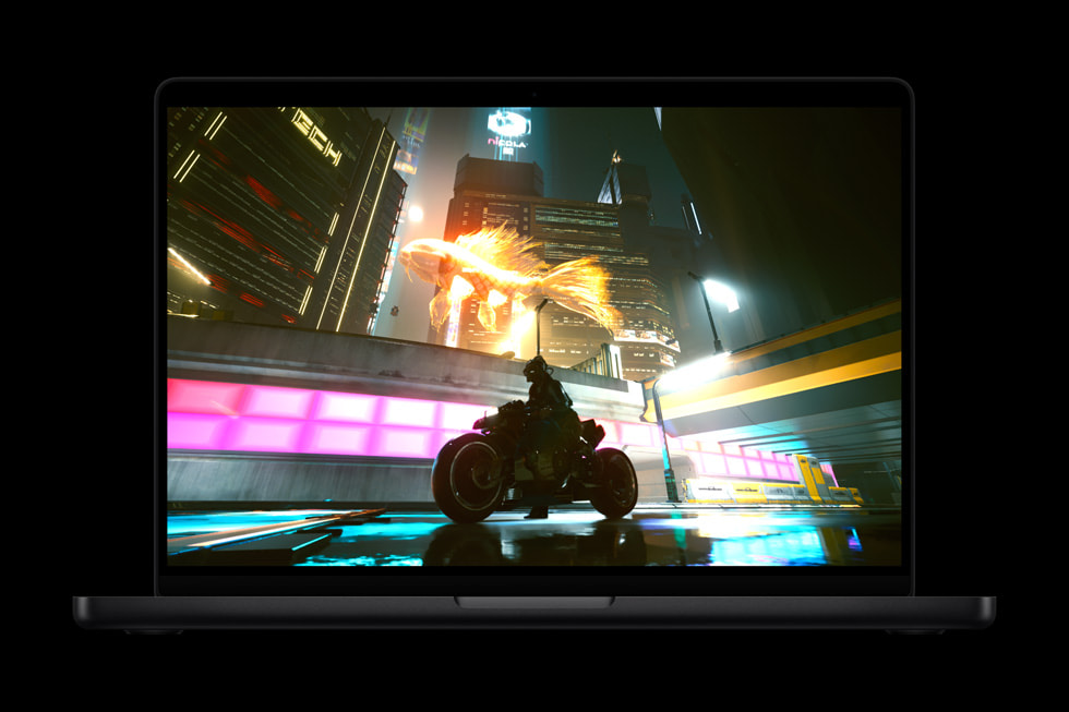 A screen from the game Cyberpunk 2077: Ultimate Edition, shown on the 14-inch MacBook Pro.