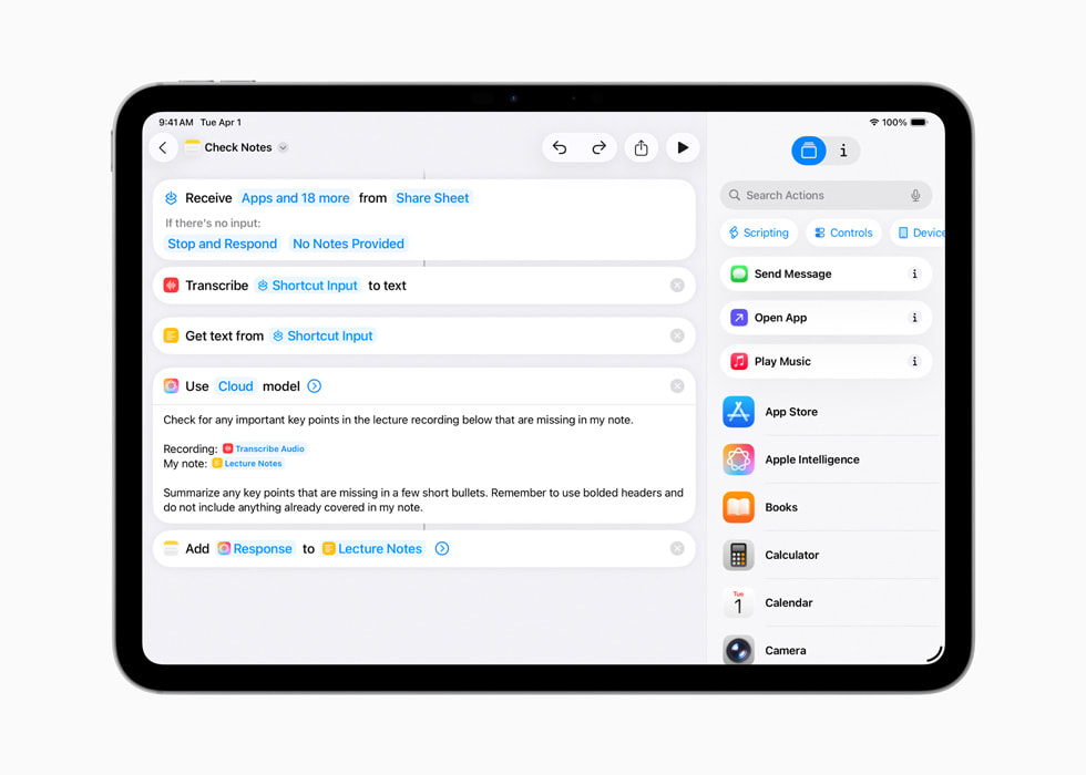 On iPad, a user creates a shortcut titled “Check Notes.”