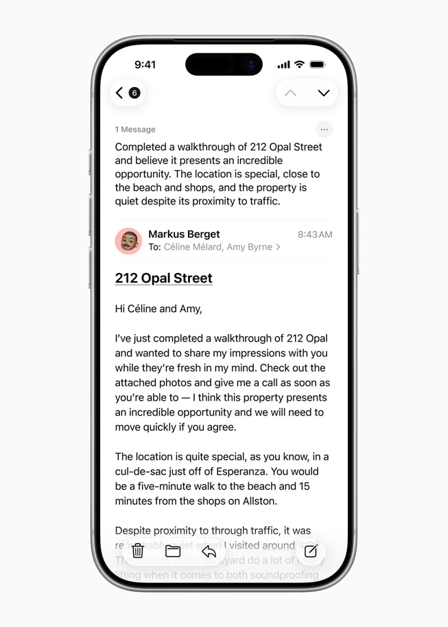 Een samenvatting van een e-mail op iPhone.