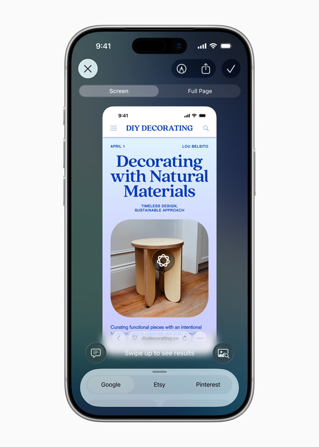 iPhone waarop visuele AI?wordt gebruikt om informatie op te zoeken over een lamp op een foto van een interieurontwerp.
