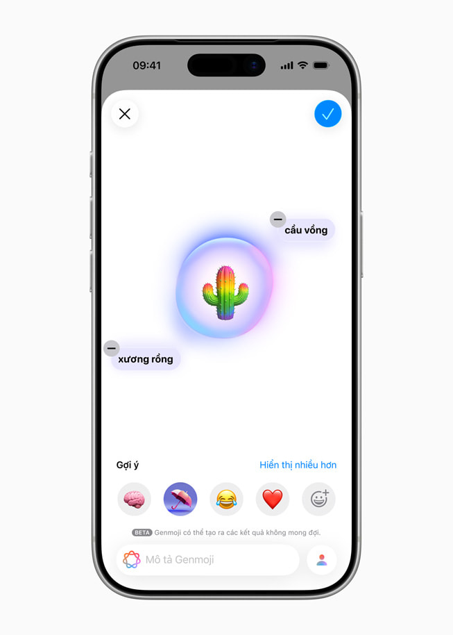 iPhone hi?n th? Genmoji hình x??ng r?ng c?u v?ng. 