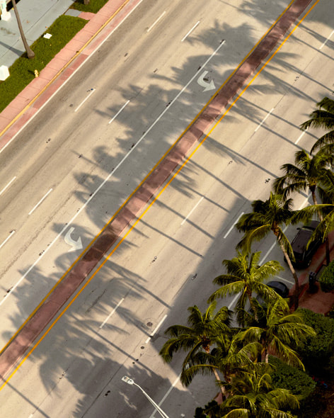 Delle palme proiettano la loro ombra argentata su una strada vuota di Miami in un’immagine scattata con iPhone?16?Pro dal balcone dell’hotel della fotografa.
