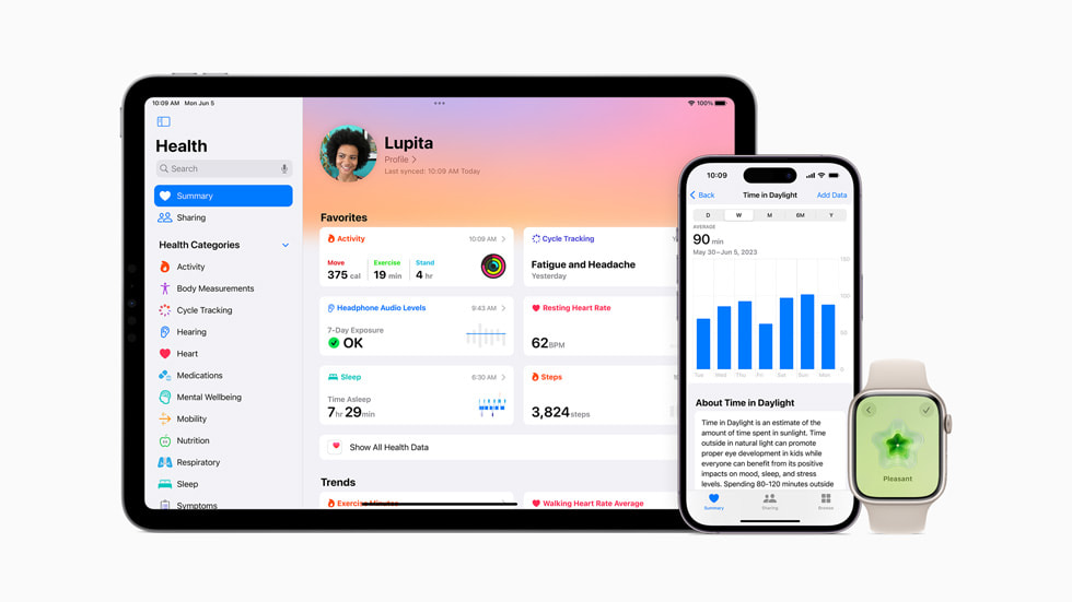 iPad Pro’daki Sa?l?k uygulamas?nda bir ?zet, iPad 14 Pro’da Gün I????nda Süre ve Apple Watch Series 8’de duygu olarak Keyifli g?steriliyor.