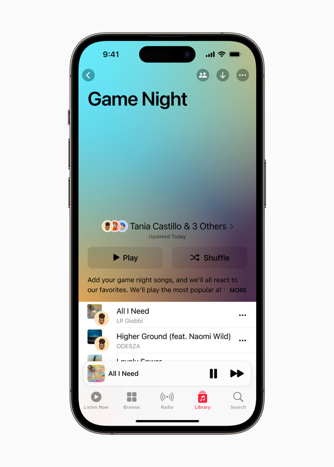iPhone 14 Pro’daki Apple Music’te Game Night ba?l?kl? ortak olu?turulmu? bir liste g?steriliyor.