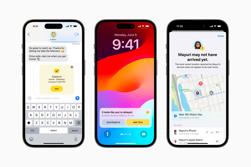 ü? adet iPhone 14 Pro ayg?t?nda iOS 17’deki yeni Check In ?zelli?i g?steriliyor.