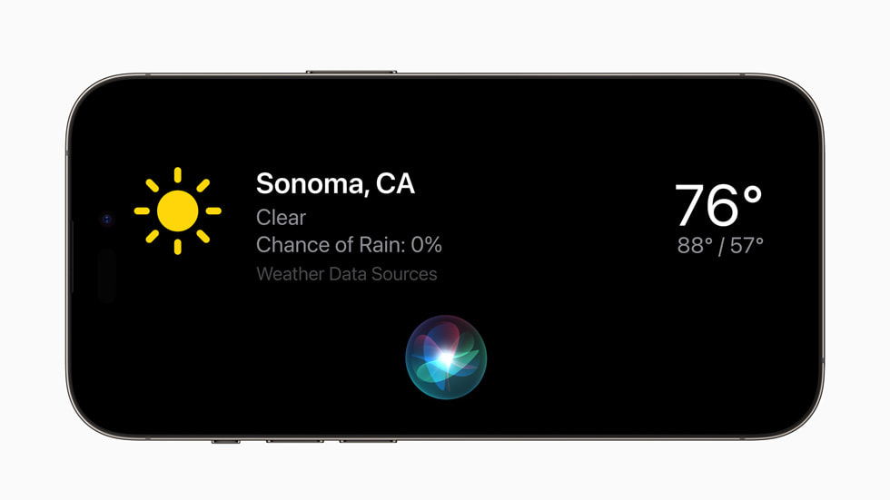 iPhone 14 Pro ekran?nda iOS 17’deki Beklemede deneyimi ile Sonoma, California’daki hava durumu g?steriliyor.