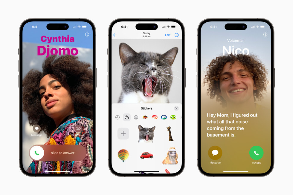 ü? adet iPhone 14 Pro ayg?t?nda iOS 17 ile güncellenen Telefon, FaceTime ve Mesajlar deneyimleri g?steriliyor.