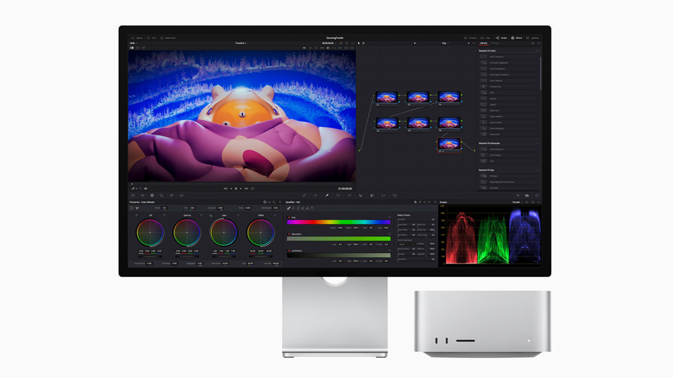 O processamento de um vídeo com DaVinci Resolve no Mac Studio e no Mac Pro.