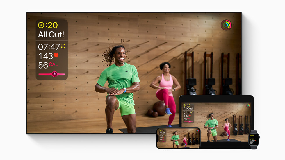 Các bu?i t?p luy?n Apple Fitness+ v?i th?ng s? th?i gian th?c cá nhan hóa(chǎn) th?ng qua Apple Watch trên TV th?ng minh, iPhone 14 và iPad Pro.
